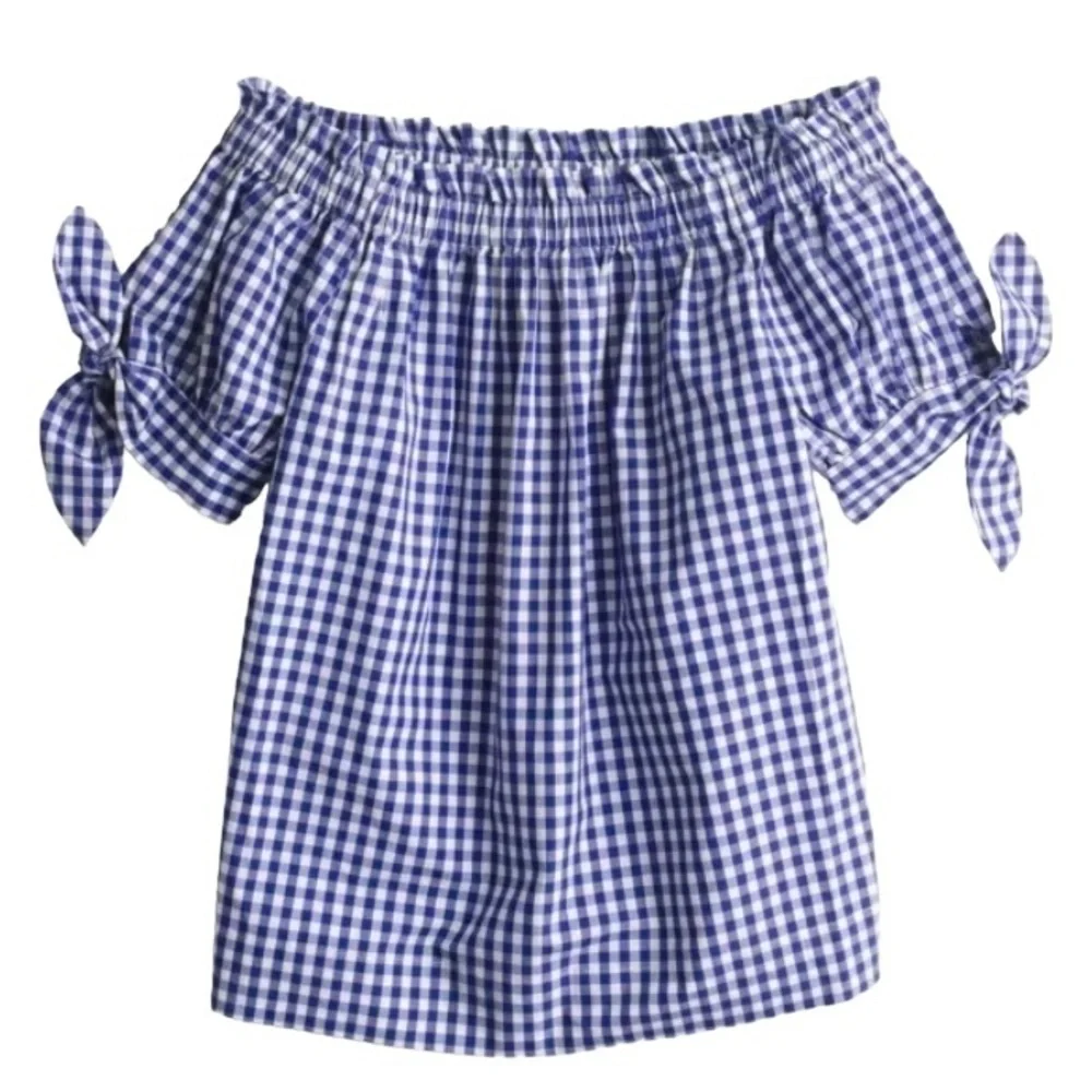 J. Crew Blue White Gingham Checkered Off The Shoulder Top Cottagecore Size 2